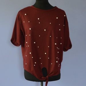 Pearl Beaded Tie Front Tee